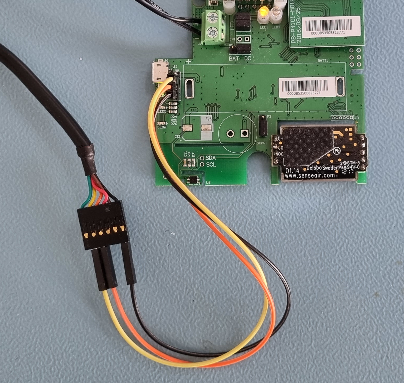 The FTDI cable connected using some jumper wires